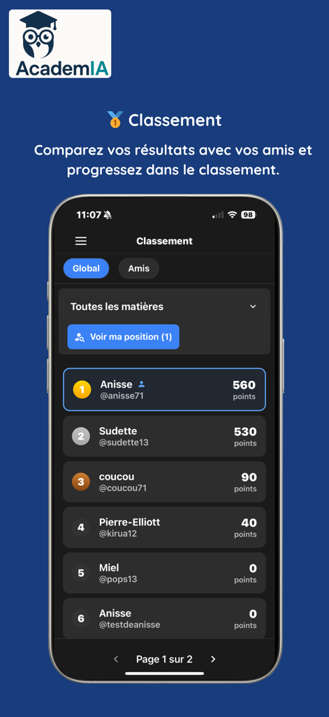 academia (8eb885) - A student leaderboard screen in the Academia app showing rankings and points