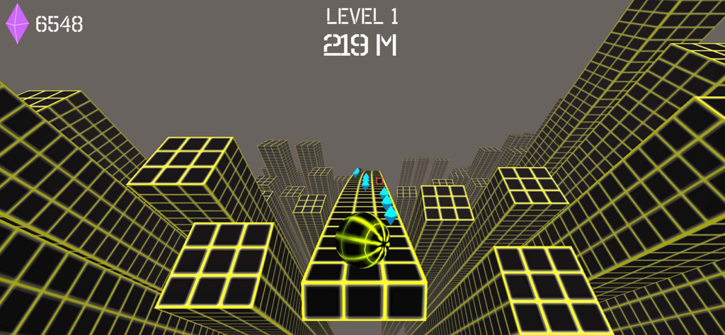 Una bola de neón rayada rodando sobre una pista de cuadrícula a través de una ciudad 3D estilizada en Dead Slope 3D