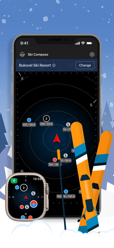 Ski Compass - iPhone et Apple Watch affichant l'interface radar de Ski Compass avec des pistes de ski codées par couleur et des distances