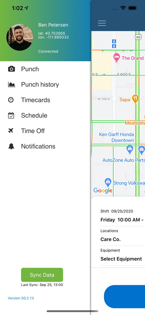 OnShift Time - OnShift Time app sidebar menu showing options for punch history timecards and schedule