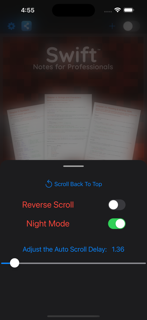 PDF reader app interface showing auto scroll settings and night mode enabled for reading technical documents.