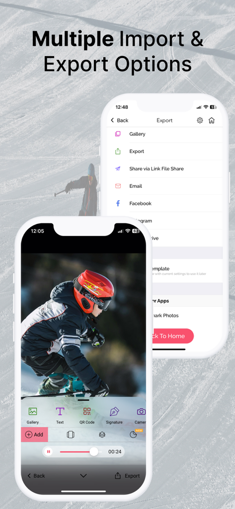 eZy Watermark Videos Pro - Interfaz de la aplicación para eZy Watermark Videos Pro mostrando opciones de edición de video y exportación/compartir múltiples