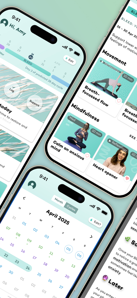 Interfaz de la aplicación Moody Month que muestra el calendario de seguimiento del ciclo y videos de bienestar