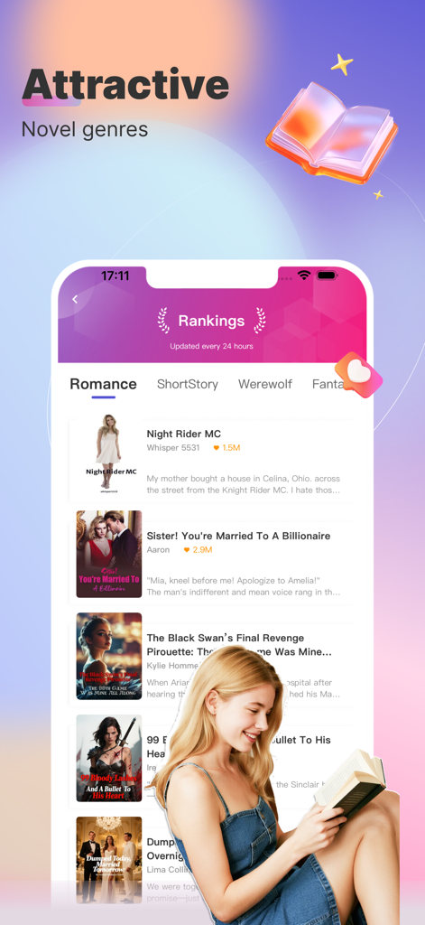 Rosia - Ein Smartphone-Bildschirm, der beliebte Webroman-Genres und Buchrankings in der Rosia-App anzeigt