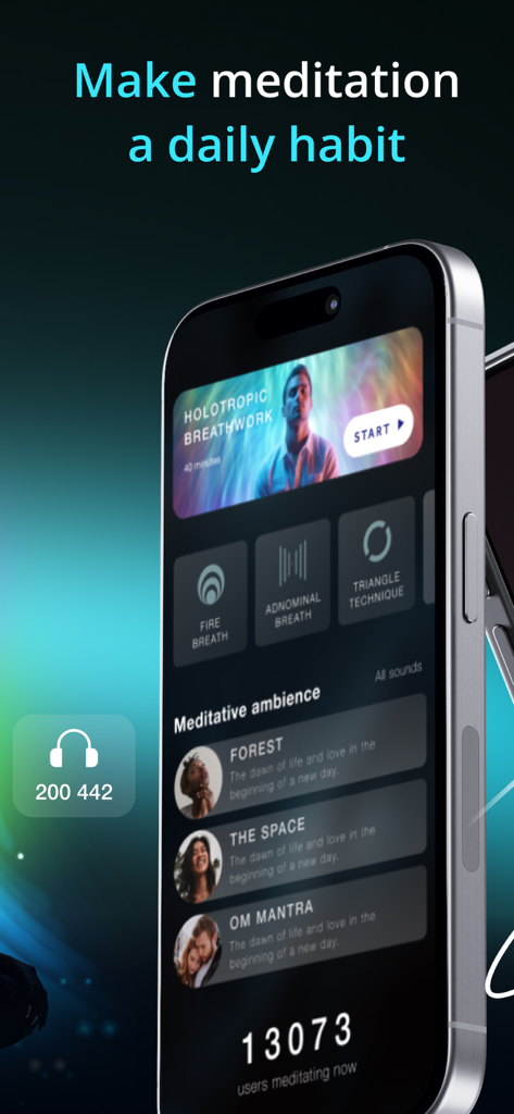 Slowdive | Meditation & Mantra - Slowdive meditation app screen showing breathwork exercises and meditative ambience options