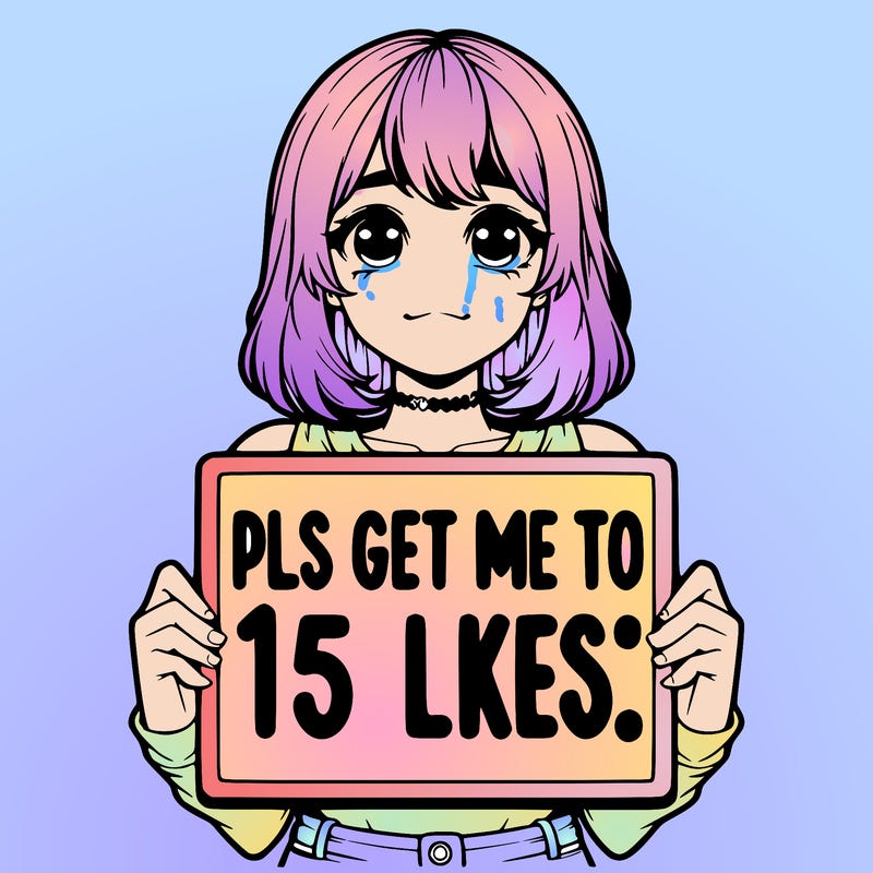 realistic girl holding up a sign that says “pls get me to 15 likes!”