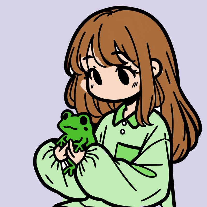 girl with long hair and a oversized shirt. and she is holding a frog