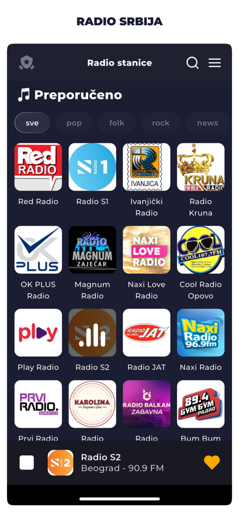 Radio Serbia FM Online Live - Tela do aplicativo Rádio Sérvia mostrando estações de rádio recomendadas e categorias de gêneros musicais