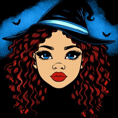 realistic black girl with wavy hair and witch hat and nose and lips