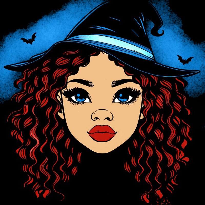 realistic black girl with wavy hair and witch hat and nose and lips