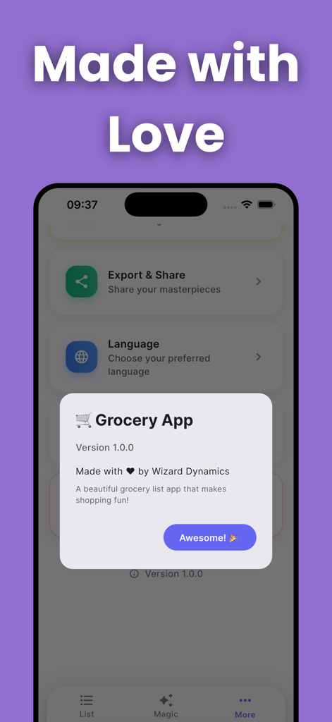 A screen showing the version information and developer details for the Grocery List Smart Cart app