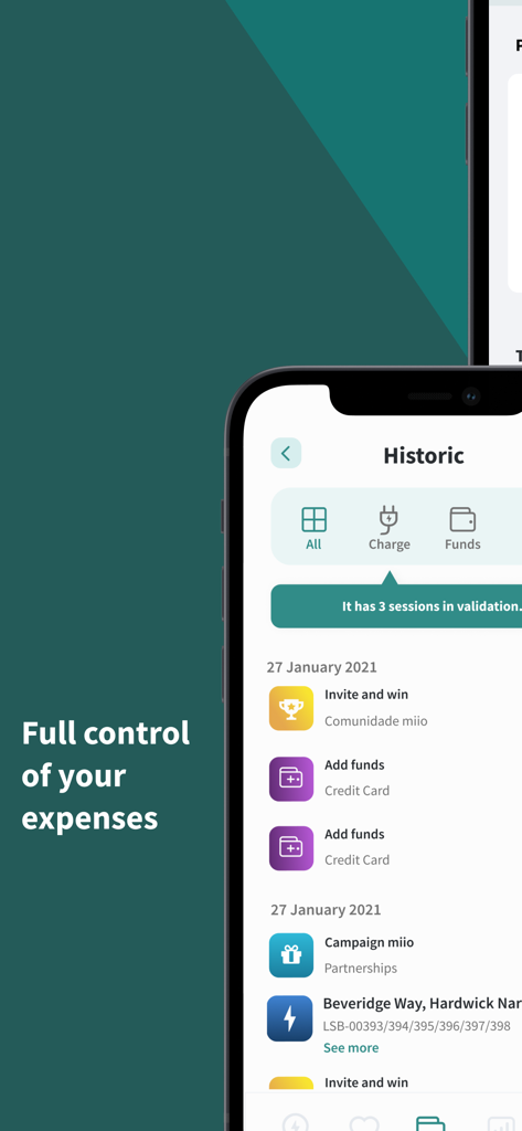 miio - 電気自動車充電の取引履歴と費用追跡を表示する miio アプリの履歴画面のスクリーンショット