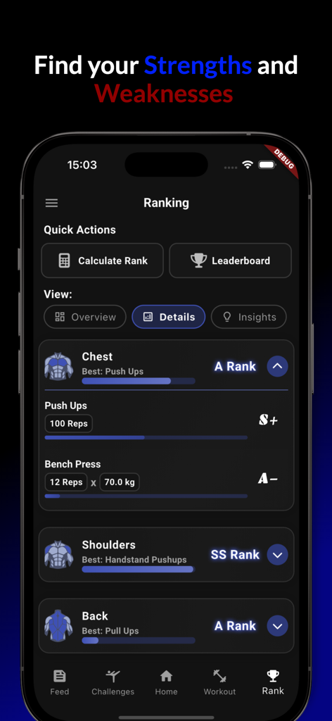 Interfaz de la aplicación Gym Rank que muestra las calificaciones de fuerza y ​​las clasificaciones para los ejercicios de pecho, hombros y espalda.
