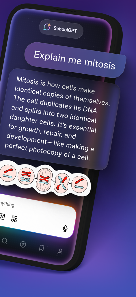 Knowunity: AI Study Tutor - Fonctionnalité SchoolGPT de l'application Knowunity expliquant la mitose avec un diagramme scientifique