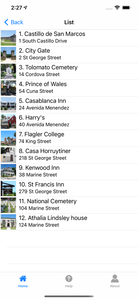 A list of twelve haunted tour stops in the Ghosts of St Augustine app showing names and addresses of historical locations