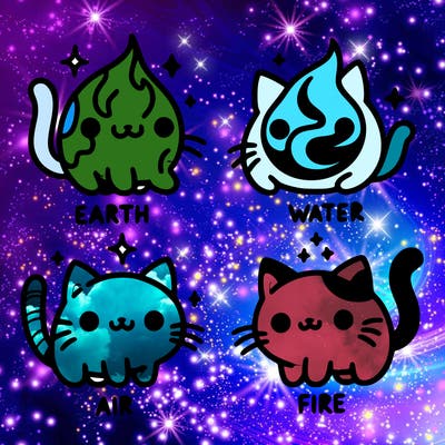 4 cats that represent the different elements, earth, water, air, and fire