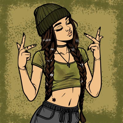 realistic teenage girl with braids and a beanie and crop top doing 🫶🏼