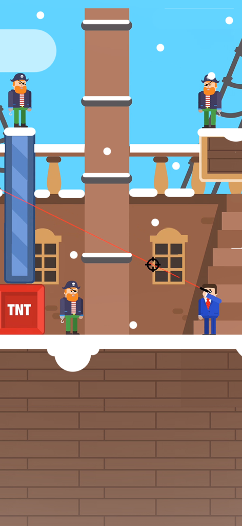 Mr Bullet - Shooting Game - 미스터 불릿이 눈 덮인 배에 있는 해적 적들에게 레이저 조준기를 겨누고 있습니다