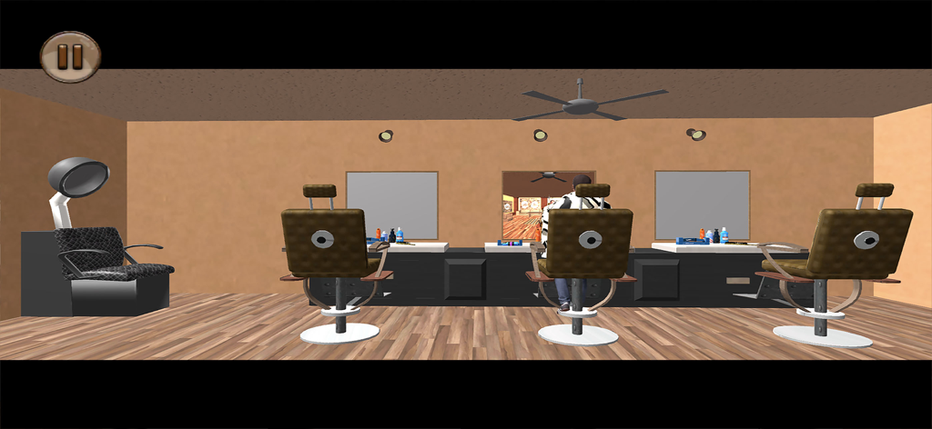 Uma simulação 3D do interior de uma barbearia com cadeiras, espelhos e equipamentos de tosa