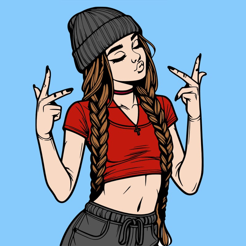 realistic teenage girl with braids and a beanie and crop top doing 🫶🏼