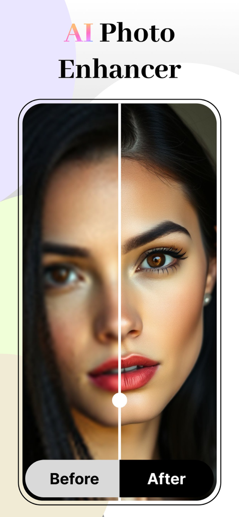 Before and after portrait comparison showing the effect of the AI Photo Enhancer tool