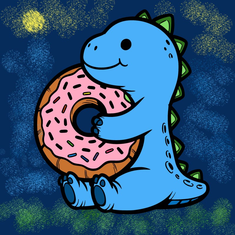 a dinosaur hugging a donut