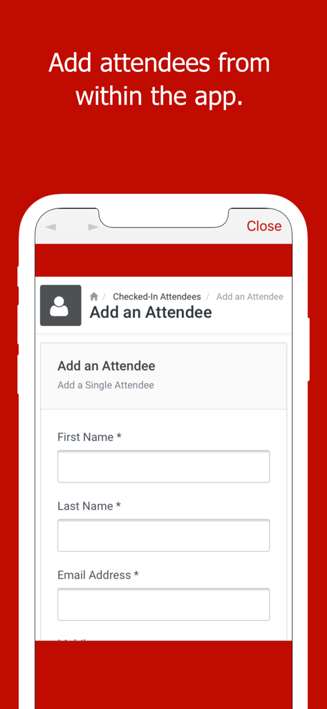 A mobile screen showing the manual attendee entry form in the Event Ticket Scanner app.