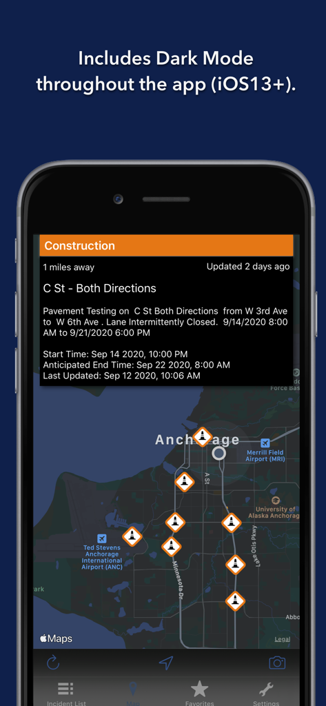 Alaska State Roads - Alaska State Roads app interface in dark mode displaying construction alerts on a map of Anchorage.