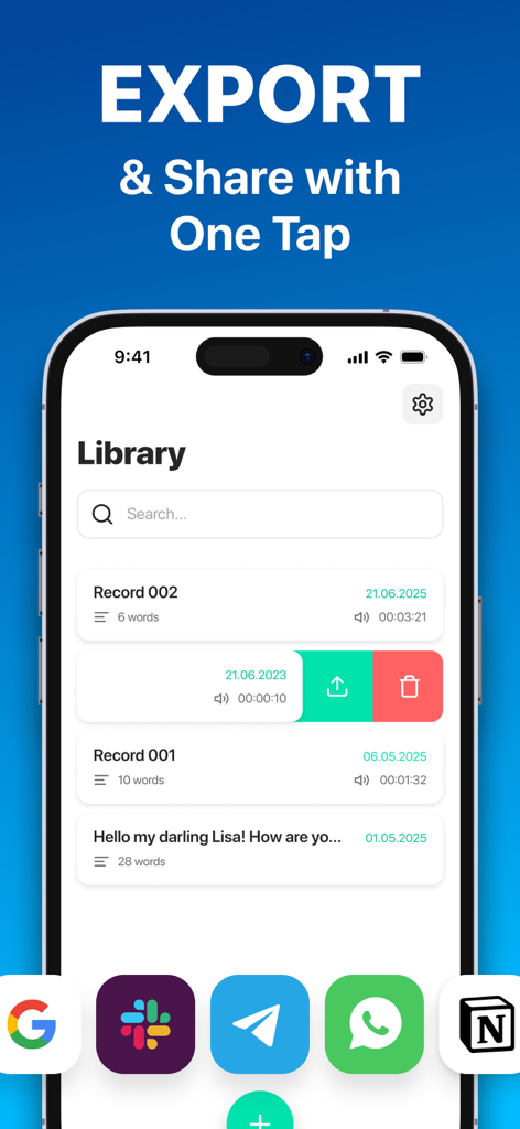 Pantalla de la aplicación que muestra una biblioteca de grabaciones de voz con opciones para exportar y compartir con un toque a Slack y Notion.