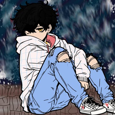 a male hoddie ripped jeans messy hair anime