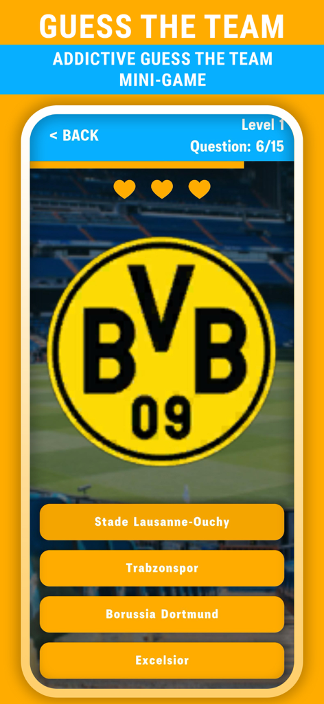 FC Card Creator 24 FUT - Guess the team trivia game interface showing the Borussia Dortmund logo and multiple choice options
