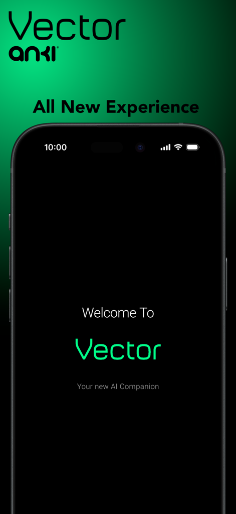 Vector Companion Robot - Welcome screen of the Vector Companion Robot app displaying the AI companion welcome message on a smartphone.