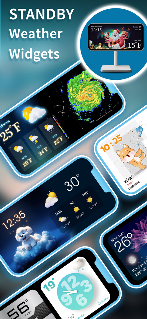 Weather Widget® - Display of various aesthetic weather widgets for iPhone StandBy mode including dog and holiday themes