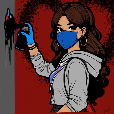 realistic girl with mask spray painting a wall
