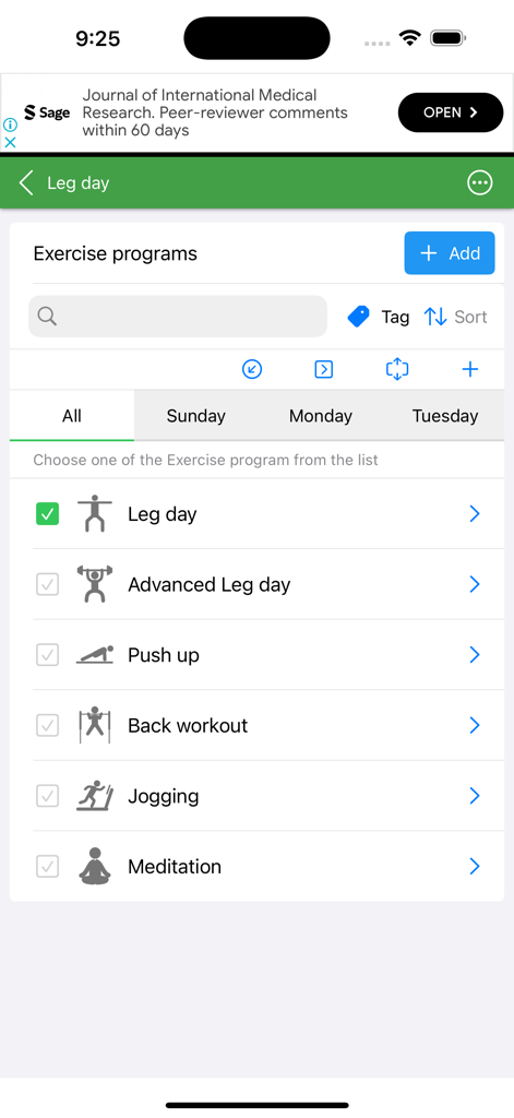 Tabata Timer for HIIT - Interface of the Tabata Timer app displaying a list of customizable exercise programs like Leg Day and Push ups.