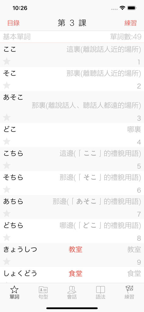 Japanese vocabulary list from Lesson 3 of the Minna no Nihongo app showing words for locations like here and there with Chinese translations
