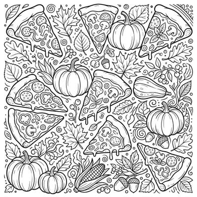 Enjoy a unique blend of culinary delight and seasonal charm with this 'Pizza Slices x Autumn' coloring page. Discover savory pizza slices nestled among festive fall leaves, pumpkins, and gourds, perfect for cozy coloring.