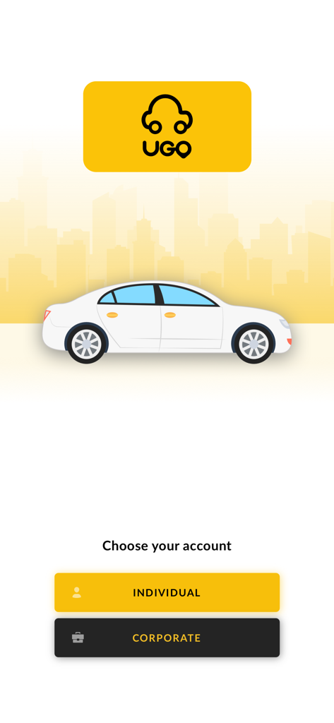 Welcome screen of the UGO app showing options to choose between individual or corporate accounts