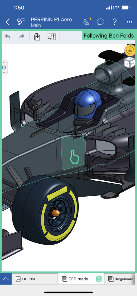 Onshape 3D CAD - Onshape 3D CAD mobile App-Oberfläche, die Echtzeit-Kollaboration an einem Formel-1-Automodell zeigt.