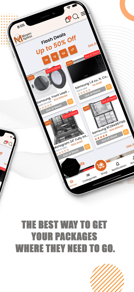 Moyen Xpressショッピングアプリの家電製品のフラッシュセールを表示するスマートフォン画面。