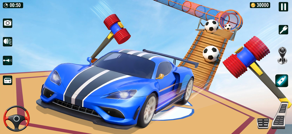 GT Car Stunt Driving Game - A blue sports car performing stunts on a mega ramp with giant hammer obstacles and soccer balls