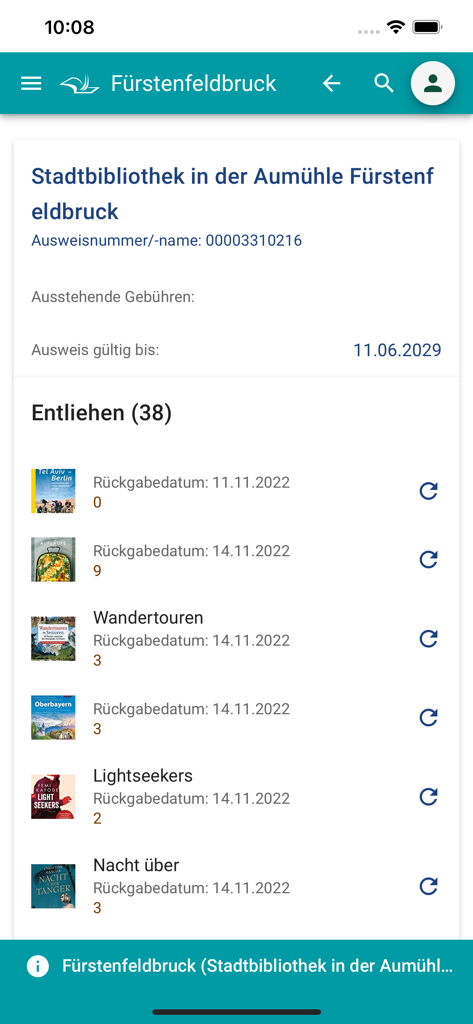 MobilOPAC YourBibアプリ画面、借りている図書館の本のリストと返却日を表示