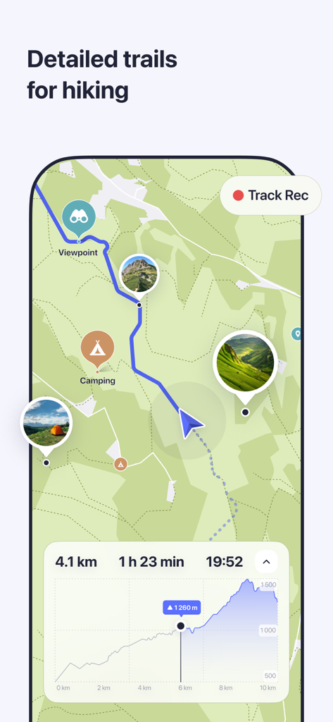 MAPS.ME app interface displaying a hiking trail map with an elevation profile and location markers for camping and viewpoints.