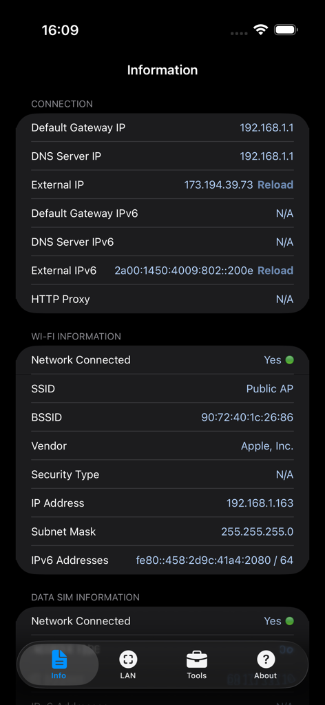 Network Analyzer: net tools - Capture d'écran de la connexion réseau et des informations Wi-Fi affichant les adresses IP et les données de la passerelle