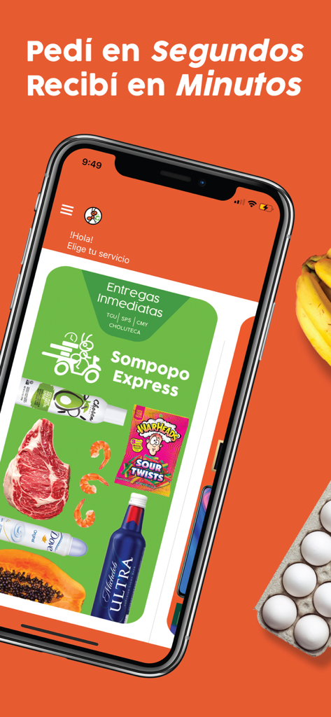 Smartphone, das die Sompopo Express App-Oberfläche mit verschiedenen Produkten und spanischem Text zur Bewerbung schneller Bestellung und Lieferung zeigt.
