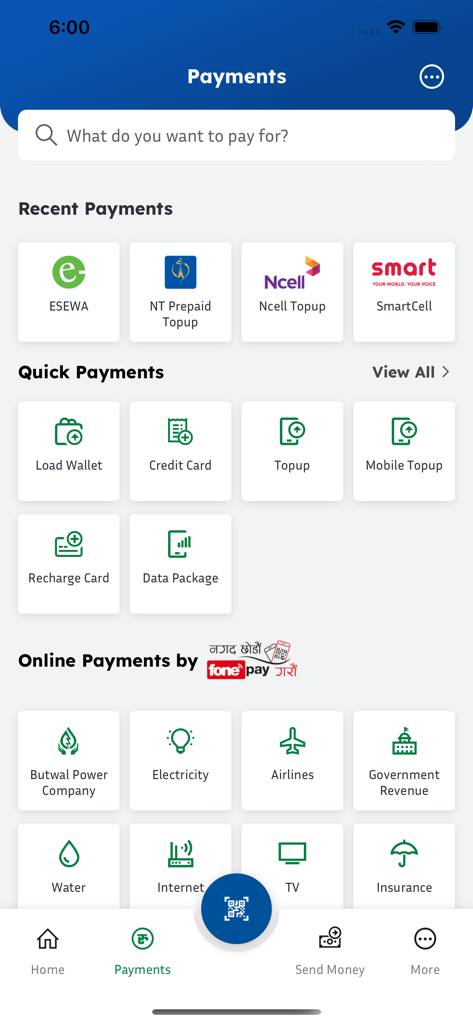 Garima Digital Batuwa - Payments screen of Garima Digital Batuwa app featuring options for utility bills, mobile top-ups, and fonepay services.