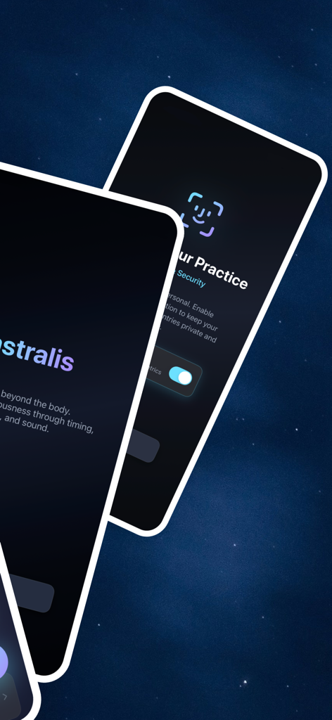 Astralis App Bildschirme zeigen Face ID Sicherheit und Datenschutzeinstellungen vor einem filmischen Sternenhintergrund.