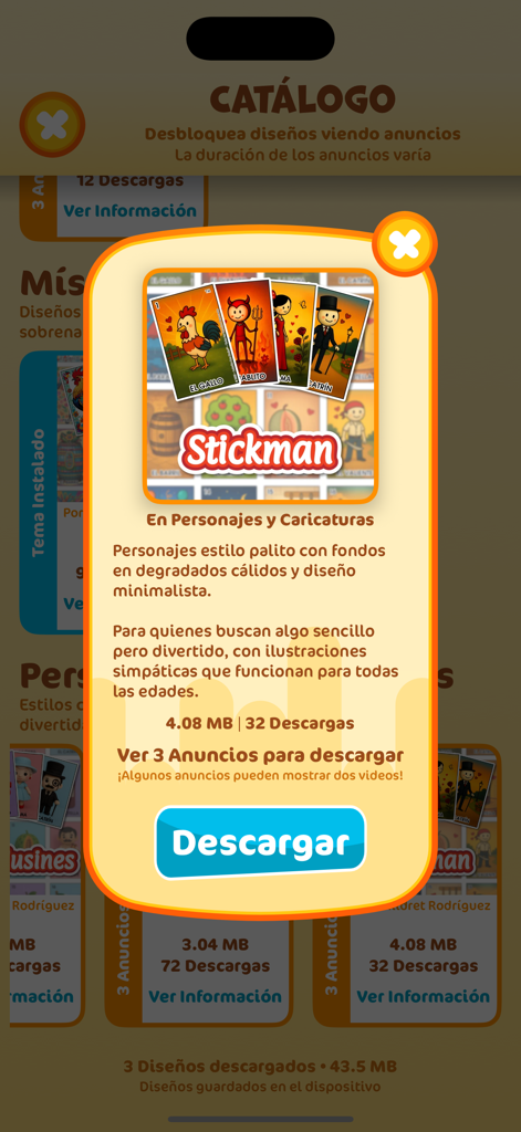 Lotería Mexicana - La Baraja - Tela do catálogo do aplicativo Loteria Mexicana mostrando um pop-up de download para um tema de baralho de cartas moderno com boneco palito.