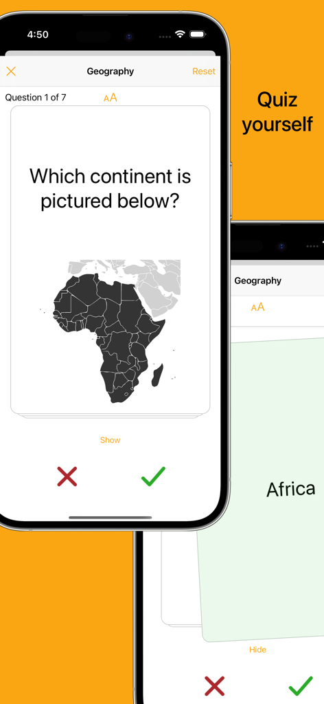 Flashcards - Build Your Own - Interfaz de aplicación móvil que muestra un cuestionario de tarjetas de memoria de geografía con un mapa de África y botones de seguimiento de precisión.
