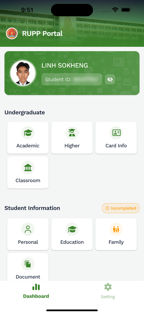 RUPP Portal - Dashboard dell'app RUPP Portal che mostra le sezioni del profilo studente e delle informazioni accademiche.